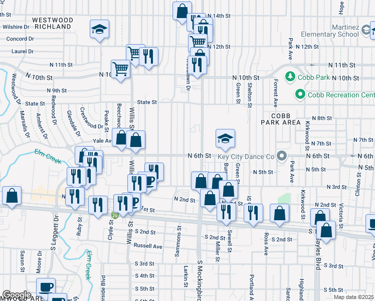 map of restaurants, bars, coffee shops, grocery stores, and more near 601 Woodlawn Drive in Abilene