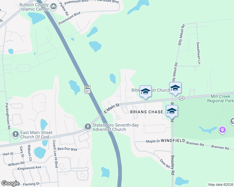 map of restaurants, bars, coffee shops, grocery stores, and more near 557 East Main Street in Statesboro