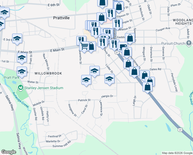 map of restaurants, bars, coffee shops, grocery stores, and more near 650 Partridge Lane in Prattville