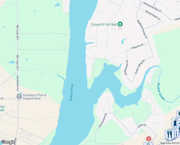 map of restaurants, bars, coffee shops, grocery stores, and more near 702 Pintail Court in Granbury