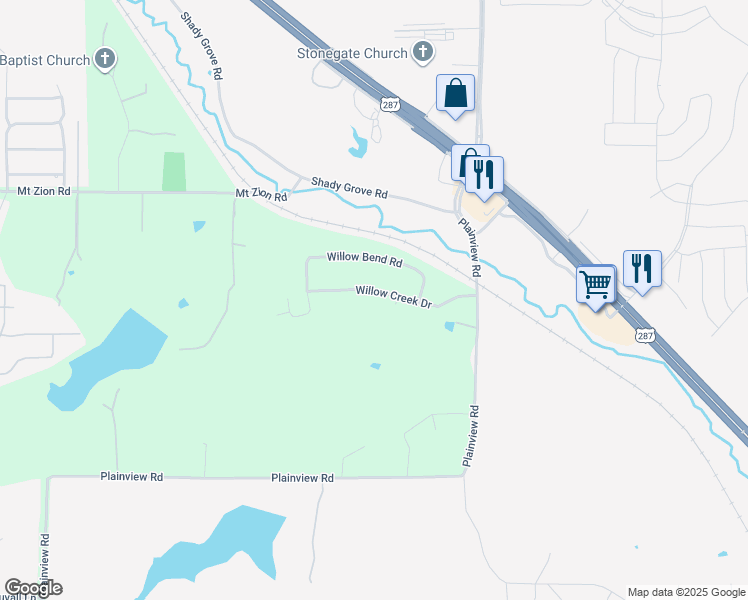 map of restaurants, bars, coffee shops, grocery stores, and more near 3820 Willow Creek Drive in Midlothian