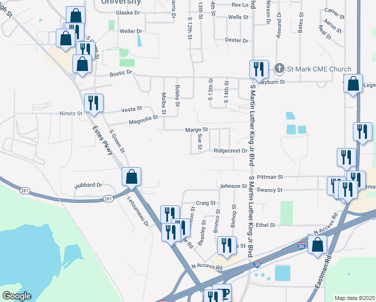 map of restaurants, bars, coffee shops, grocery stores, and more near 511 Eugene Street in Longview
