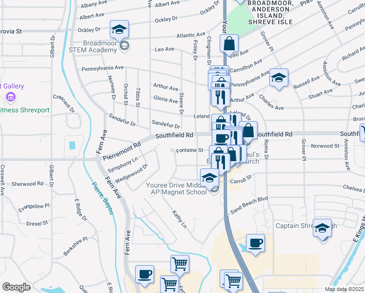map of restaurants, bars, coffee shops, grocery stores, and more near 352 Fontaine Street in Shreveport