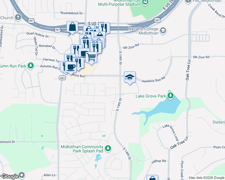 map of restaurants, bars, coffee shops, grocery stores, and more near 241 Brook Meadow Court in Midlothian