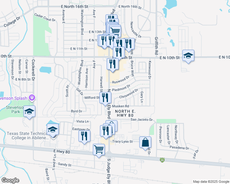 map of restaurants, bars, coffee shops, grocery stores, and more near 1017 Piedmont Drive in Abilene