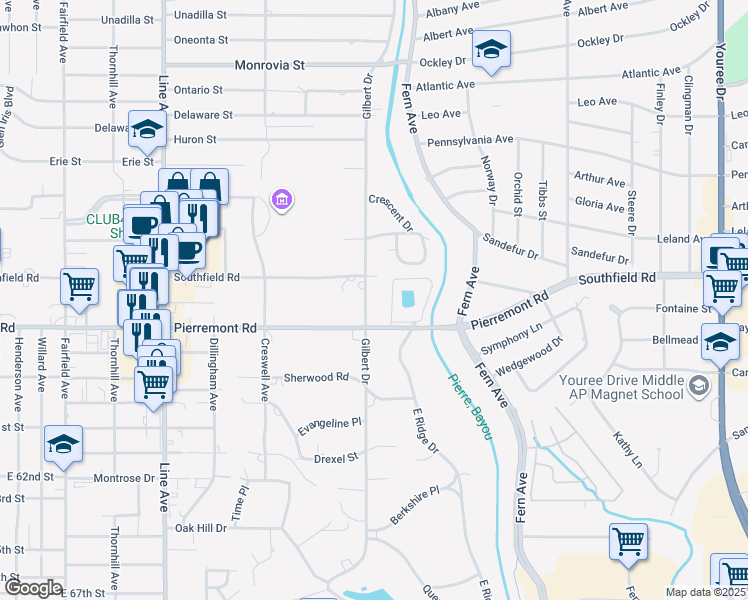 map of restaurants, bars, coffee shops, grocery stores, and more near 5807 Gilbert Drive in Shreveport