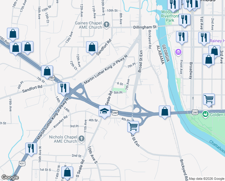 map of restaurants, bars, coffee shops, grocery stores, and more near 515 Seale Road in Phenix City
