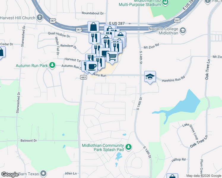 map of restaurants, bars, coffee shops, grocery stores, and more near 2622 Flat Bush Avenue in Midlothian