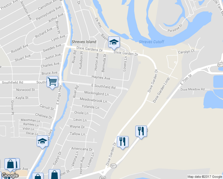 map of restaurants, bars, coffee shops, grocery stores, and more near 609 East Southfield Road in Shreveport