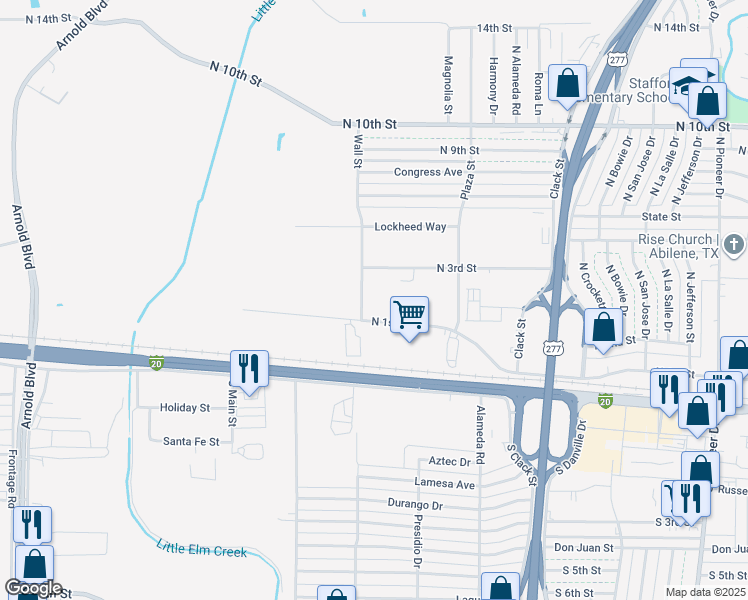 map of restaurants, bars, coffee shops, grocery stores, and more near 133 Wall St in Abilene