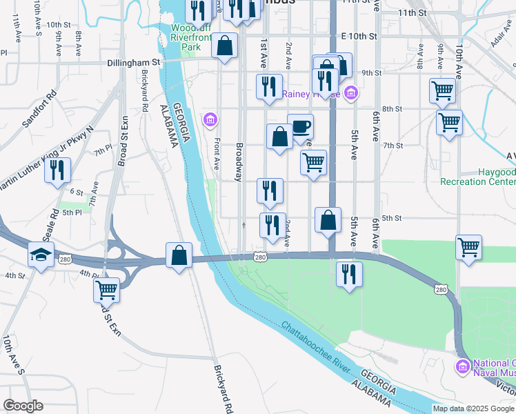 map of restaurants, bars, coffee shops, grocery stores, and more near 510 Broadway in Columbus