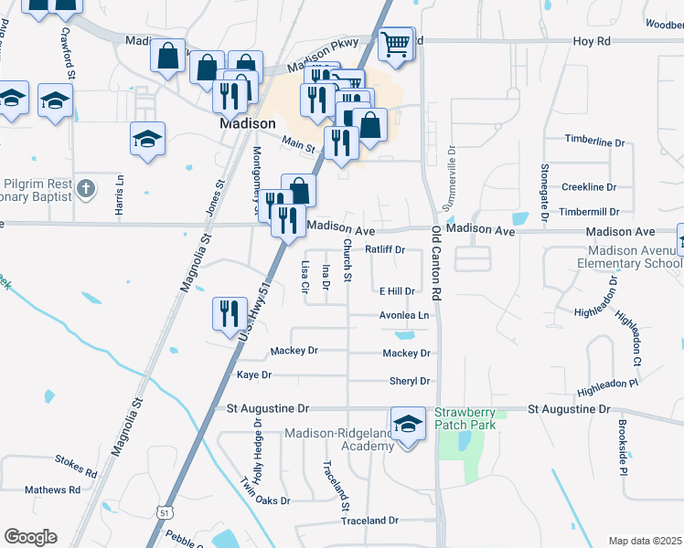 map of restaurants, bars, coffee shops, grocery stores, and more near 245 Church Street in Madison