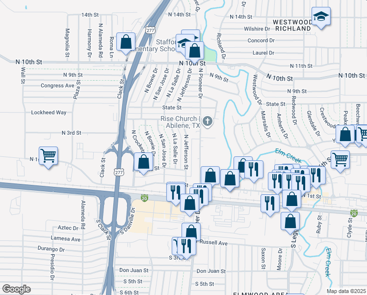 map of restaurants, bars, coffee shops, grocery stores, and more near 602 North Jefferson Street in Abilene