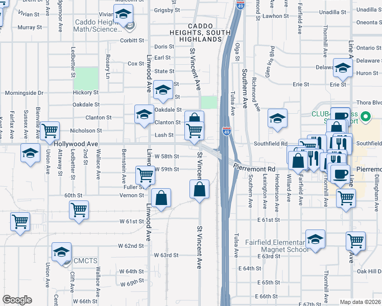 map of restaurants, bars, coffee shops, grocery stores, and more near 5828 Saint Vincent Avenue in Shreveport