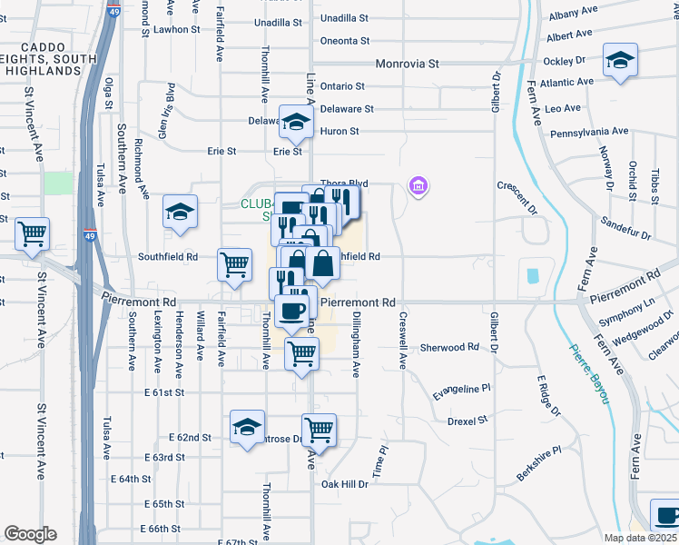 map of restaurants, bars, coffee shops, grocery stores, and more near 701 Edgemont Street in Shreveport