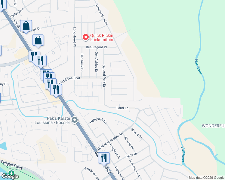 map of restaurants, bars, coffee shops, grocery stores, and more near 514 Antietam Drive in Bossier City