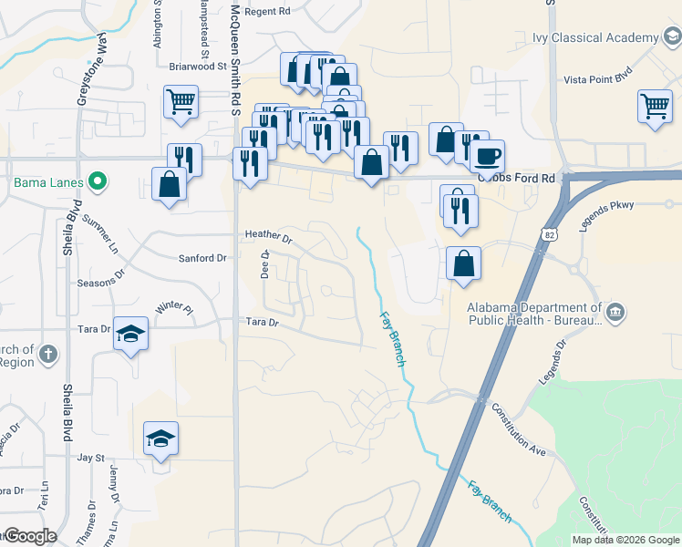 map of restaurants, bars, coffee shops, grocery stores, and more near 826 Heather Drive in Prattville