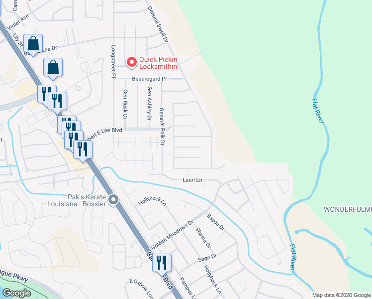 map of restaurants, bars, coffee shops, grocery stores, and more near 611 Manassas Circle in Bossier City