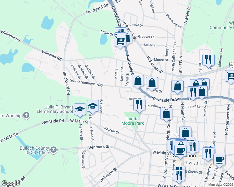 map of restaurants, bars, coffee shops, grocery stores, and more near 31-99 Floyd Street in Statesboro