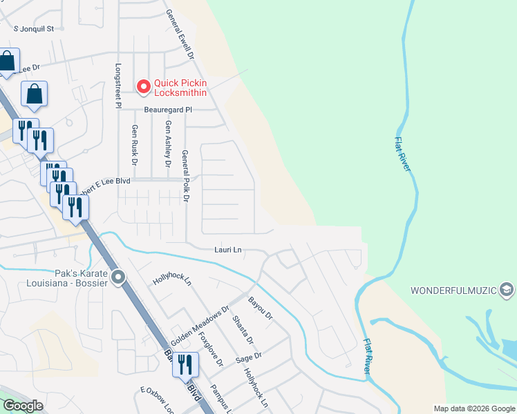 map of restaurants, bars, coffee shops, grocery stores, and more near 349 Antietam Drive in Bossier City