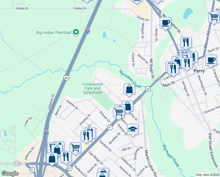 map of restaurants, bars, coffee shops, grocery stores, and more near 1101 Creekwood Drive in Perry