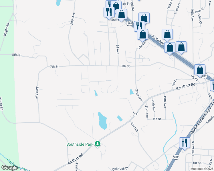 map of restaurants, bars, coffee shops, grocery stores, and more near 2302 Nail Court in Phenix City