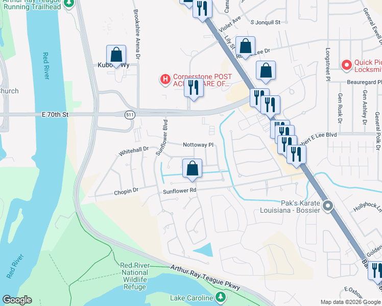 map of restaurants, bars, coffee shops, grocery stores, and more near 5010 Rosedown Ln in Bossier City