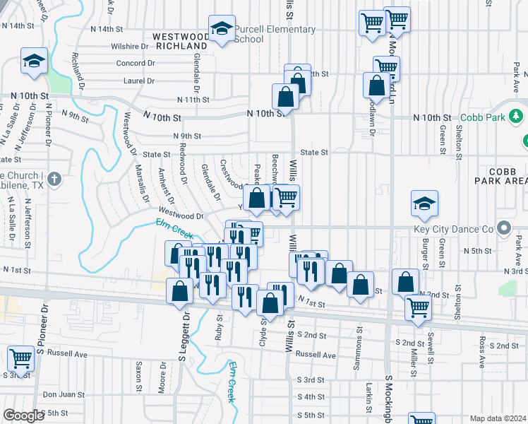 map of restaurants, bars, coffee shops, grocery stores, and more near 3575 Yale Avenue in Abilene