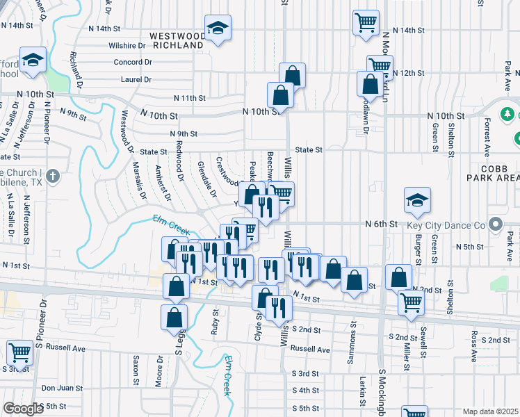 map of restaurants, bars, coffee shops, grocery stores, and more near 3577 Yale Avenue in Abilene