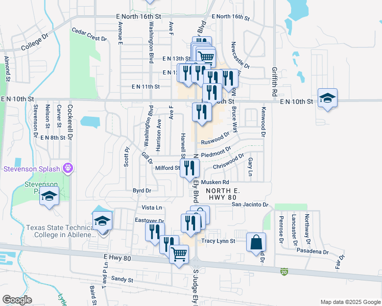 map of restaurants, bars, coffee shops, grocery stores, and more near 750 North Judge Ely Boulevard in Abilene