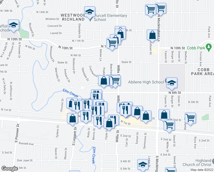 map of restaurants, bars, coffee shops, grocery stores, and more near 3573 Yale Avenue in Abilene