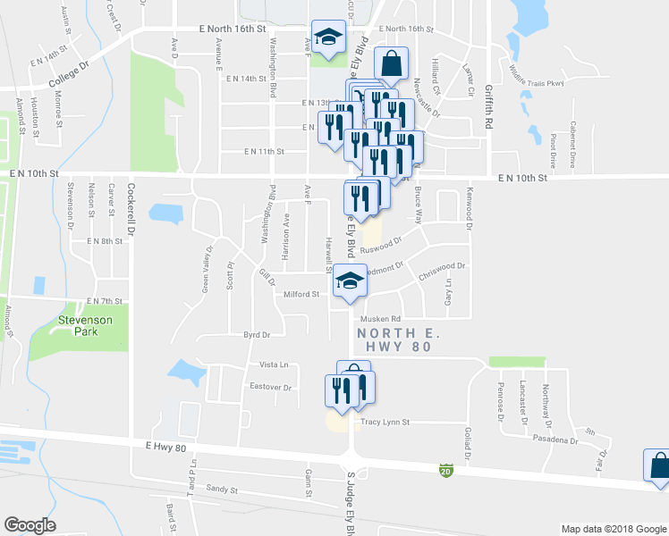 map of restaurants, bars, coffee shops, grocery stores, and more near 801 Harwell Street in Abilene