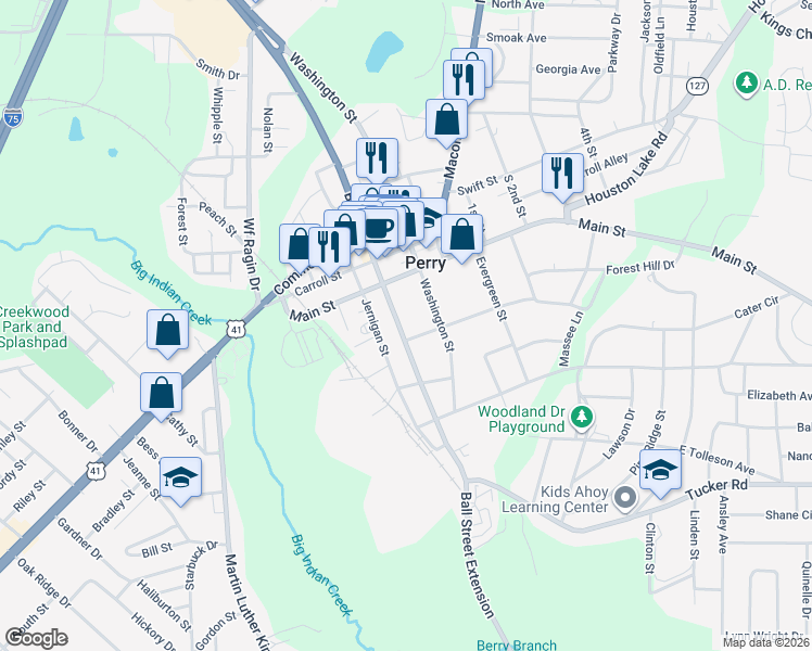 map of restaurants, bars, coffee shops, grocery stores, and more near 906 Jernigan Street in Perry