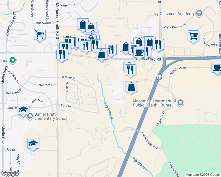 map of restaurants, bars, coffee shops, grocery stores, and more near 2053 Home Park Trail in Prattville