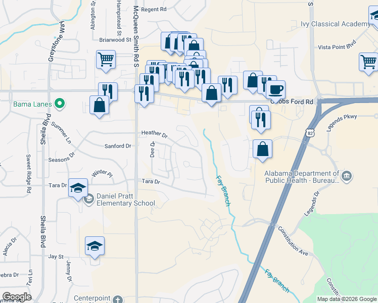 map of restaurants, bars, coffee shops, grocery stores, and more near 106 Melvina Place in Prattville
