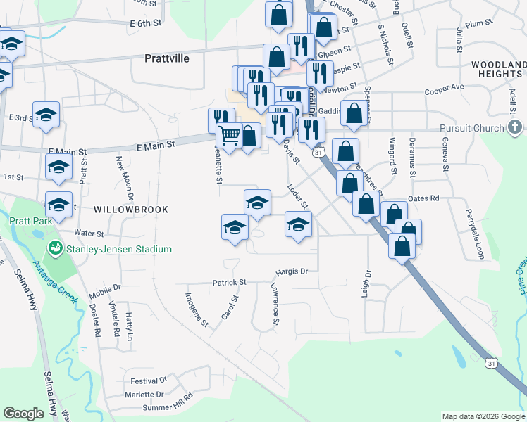 map of restaurants, bars, coffee shops, grocery stores, and more near 650 Partridge Lane in Prattville