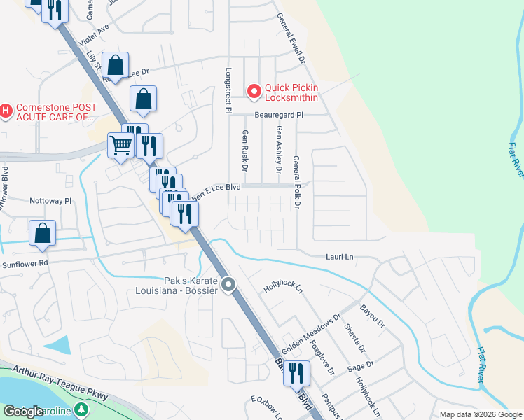 map of restaurants, bars, coffee shops, grocery stores, and more near 5057 Longstreet Place in Bossier City