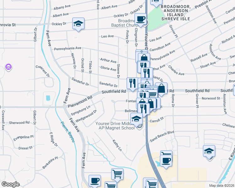 map of restaurants, bars, coffee shops, grocery stores, and more near 352 Fontaine Street in Shreveport