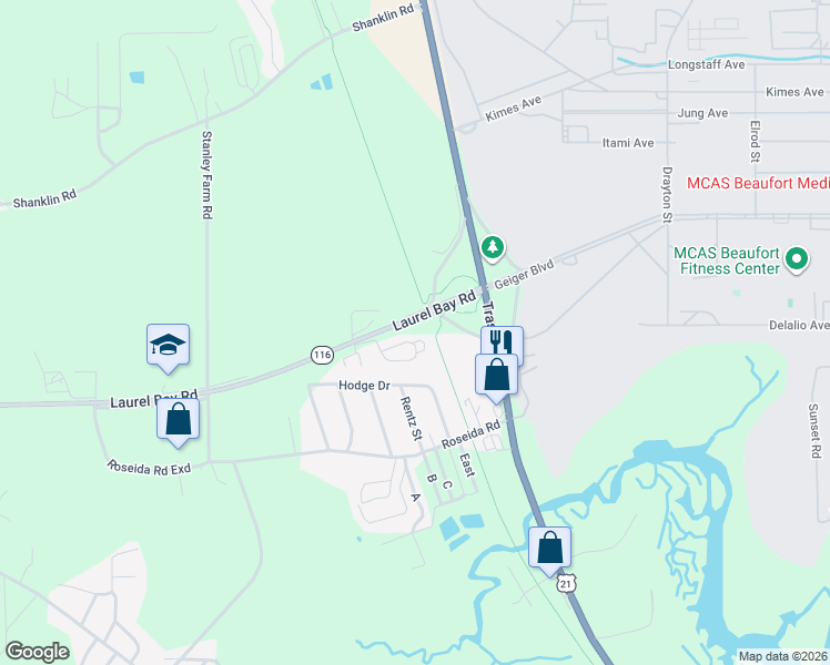 map of restaurants, bars, coffee shops, grocery stores, and more near 40 Westgate Circle in Beaufort