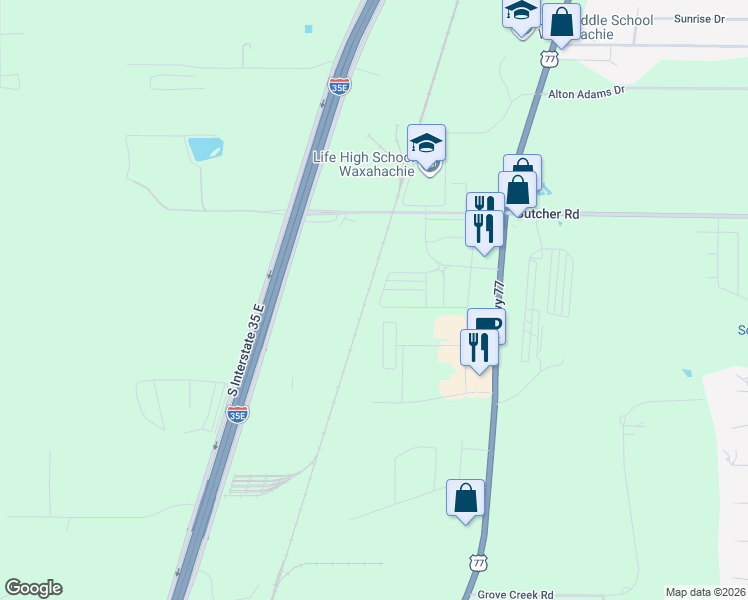 map of restaurants, bars, coffee shops, grocery stores, and more near 2825 Aspen Court in Waxahachie