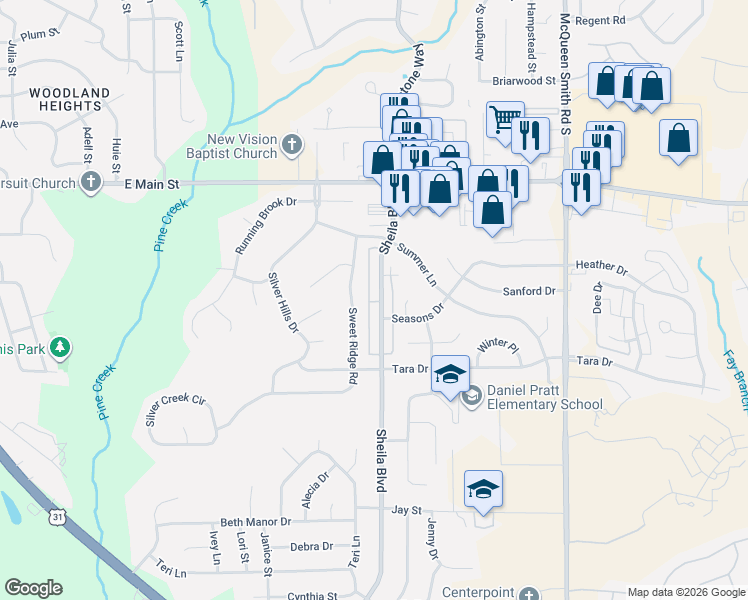 map of restaurants, bars, coffee shops, grocery stores, and more near 727 Sweet Ridge Road in Prattville
