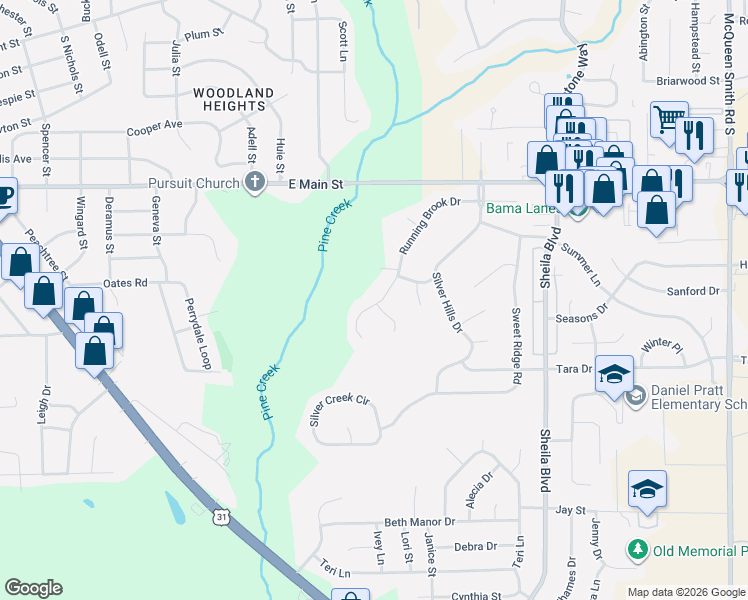 map of restaurants, bars, coffee shops, grocery stores, and more near 1506 Sugar Creek Court in Prattville