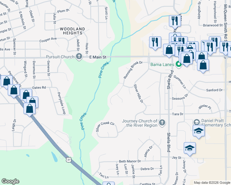 map of restaurants, bars, coffee shops, grocery stores, and more near 912 Running Brook Drive in Prattville