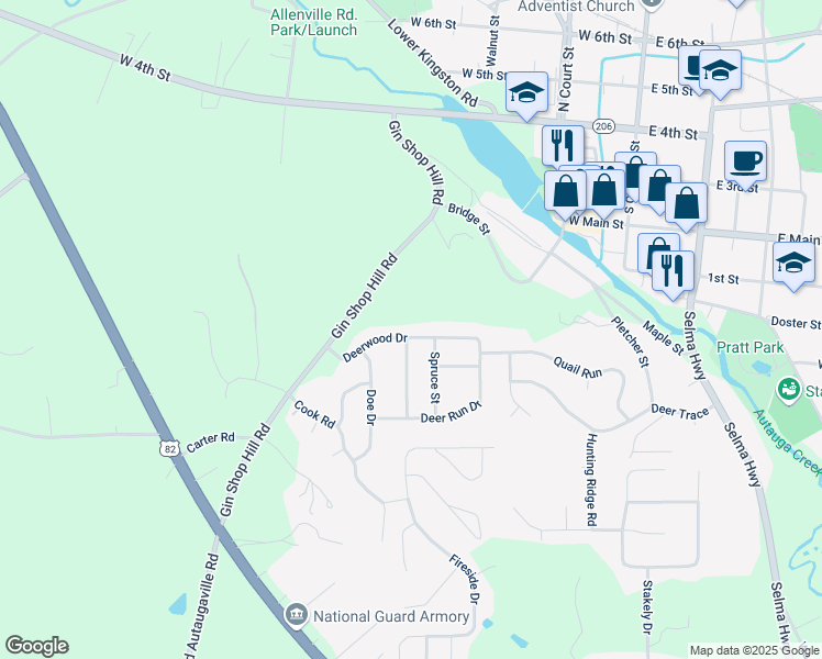 map of restaurants, bars, coffee shops, grocery stores, and more near 220 Deerwood Drive in Prattville