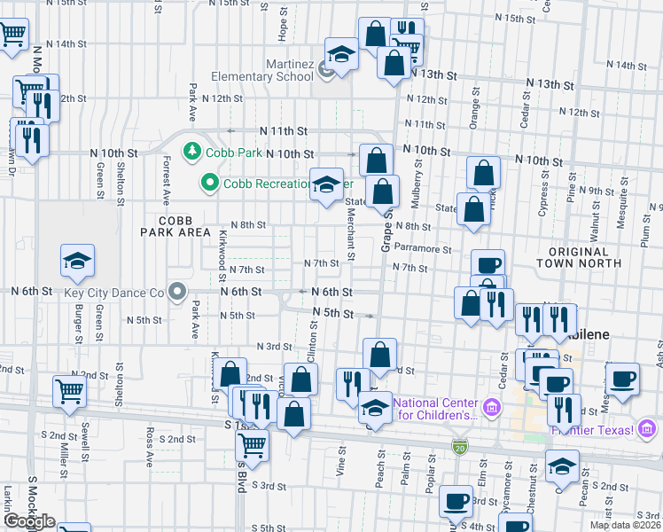 map of restaurants, bars, coffee shops, grocery stores, and more near 725 Clinton Street in Abilene