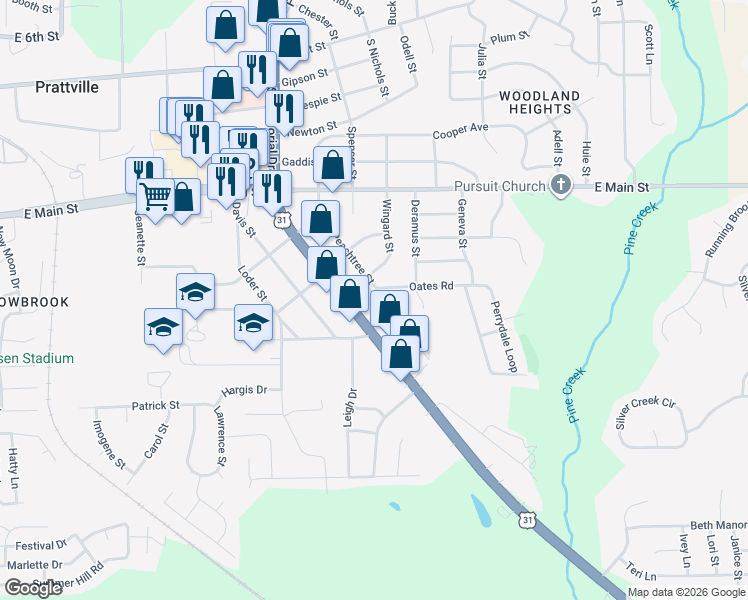 map of restaurants, bars, coffee shops, grocery stores, and more near 931-951 Peachtree Street in Prattville