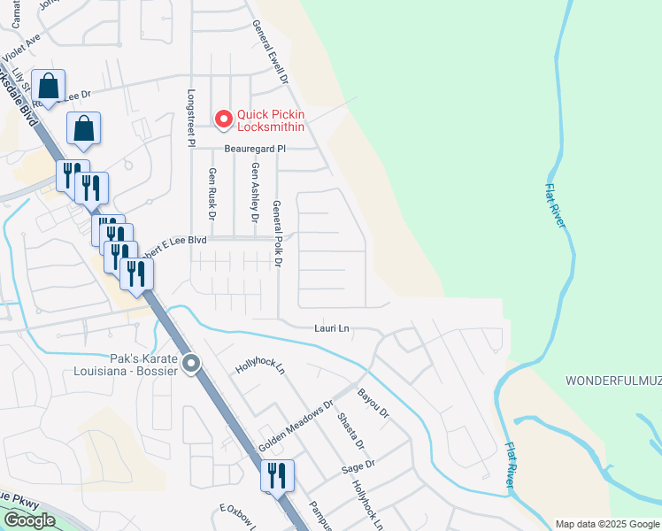 map of restaurants, bars, coffee shops, grocery stores, and more near 513 Falling Water Circle in Bossier City