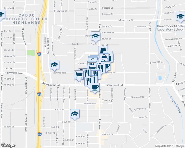 map of restaurants, bars, coffee shops, grocery stores, and more near 999 Pillow Street in Shreveport