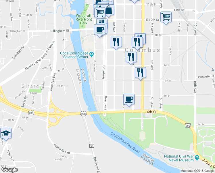 map of restaurants, bars, coffee shops, grocery stores, and more near 526 Broadway in Columbus