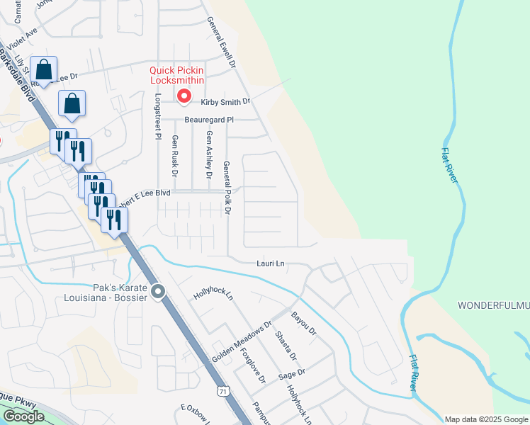 map of restaurants, bars, coffee shops, grocery stores, and more near 511 Falling Water Circle in Bossier City